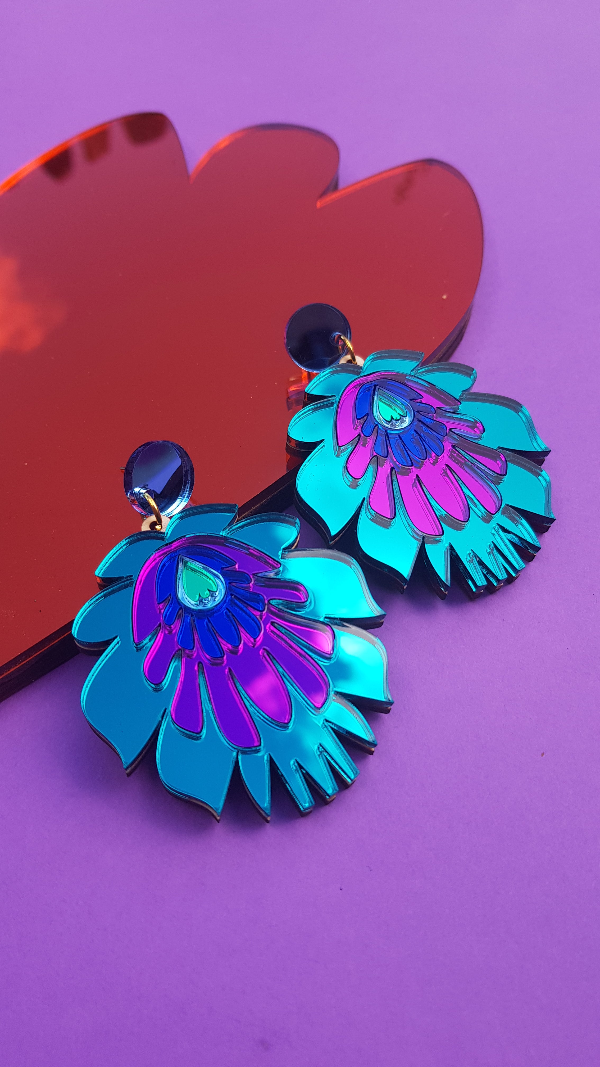 Folk Flower Statement Earrings, teal/purple