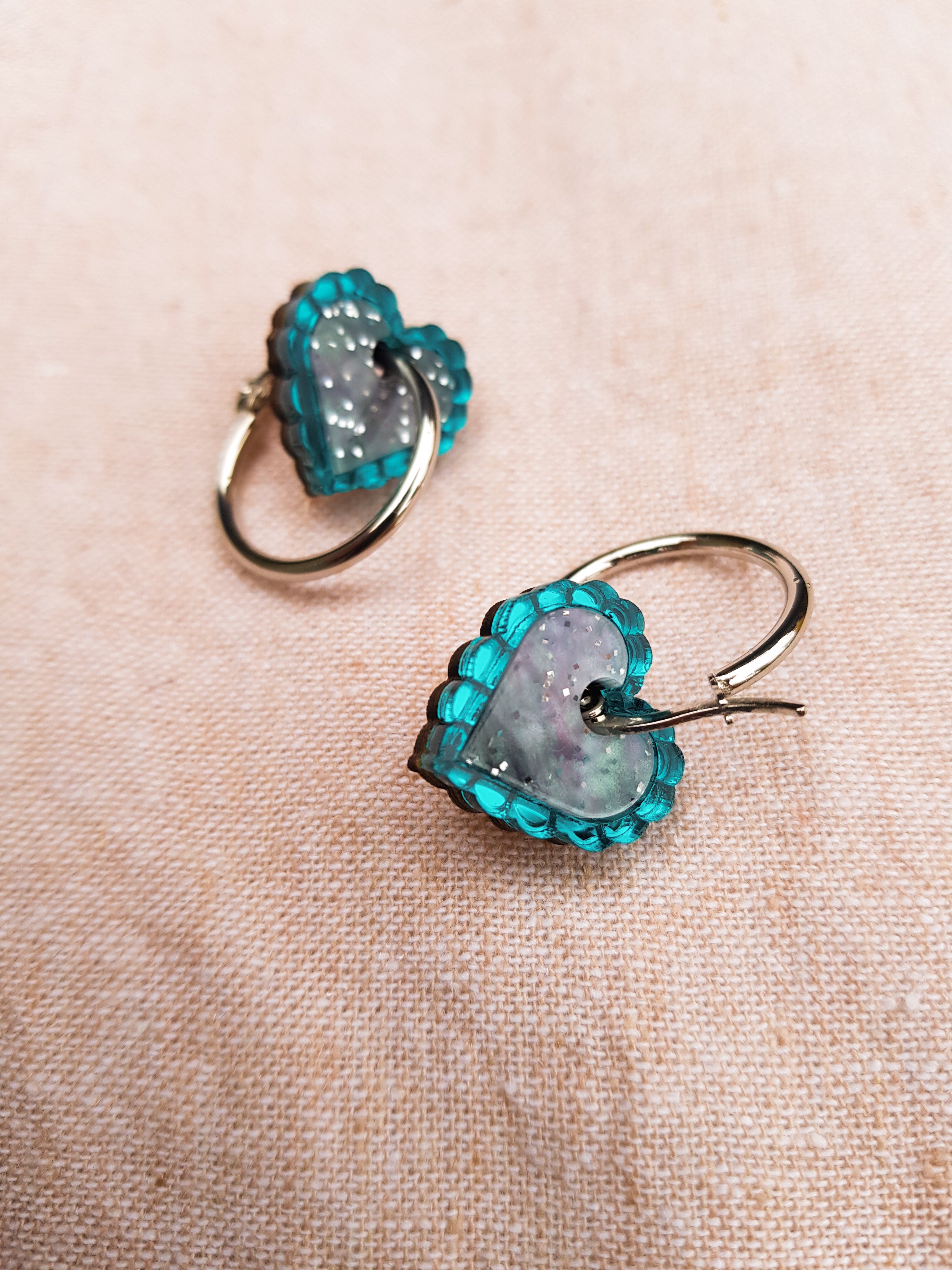 Heart Hoop or Stud Earring (teal and green marble)