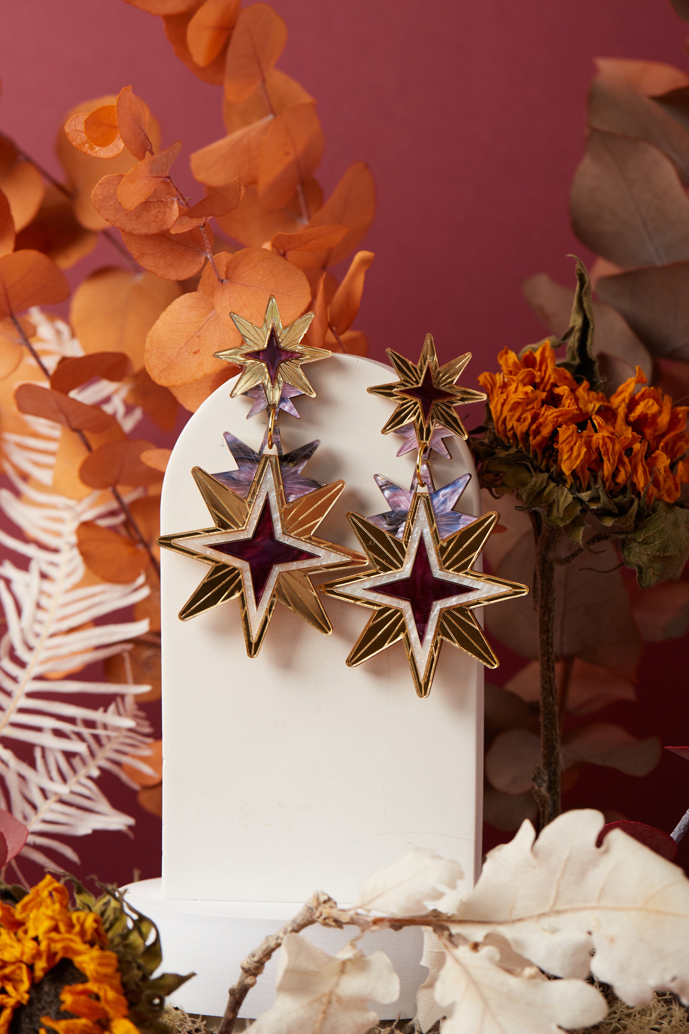 Double Star Statement Earrings, pink