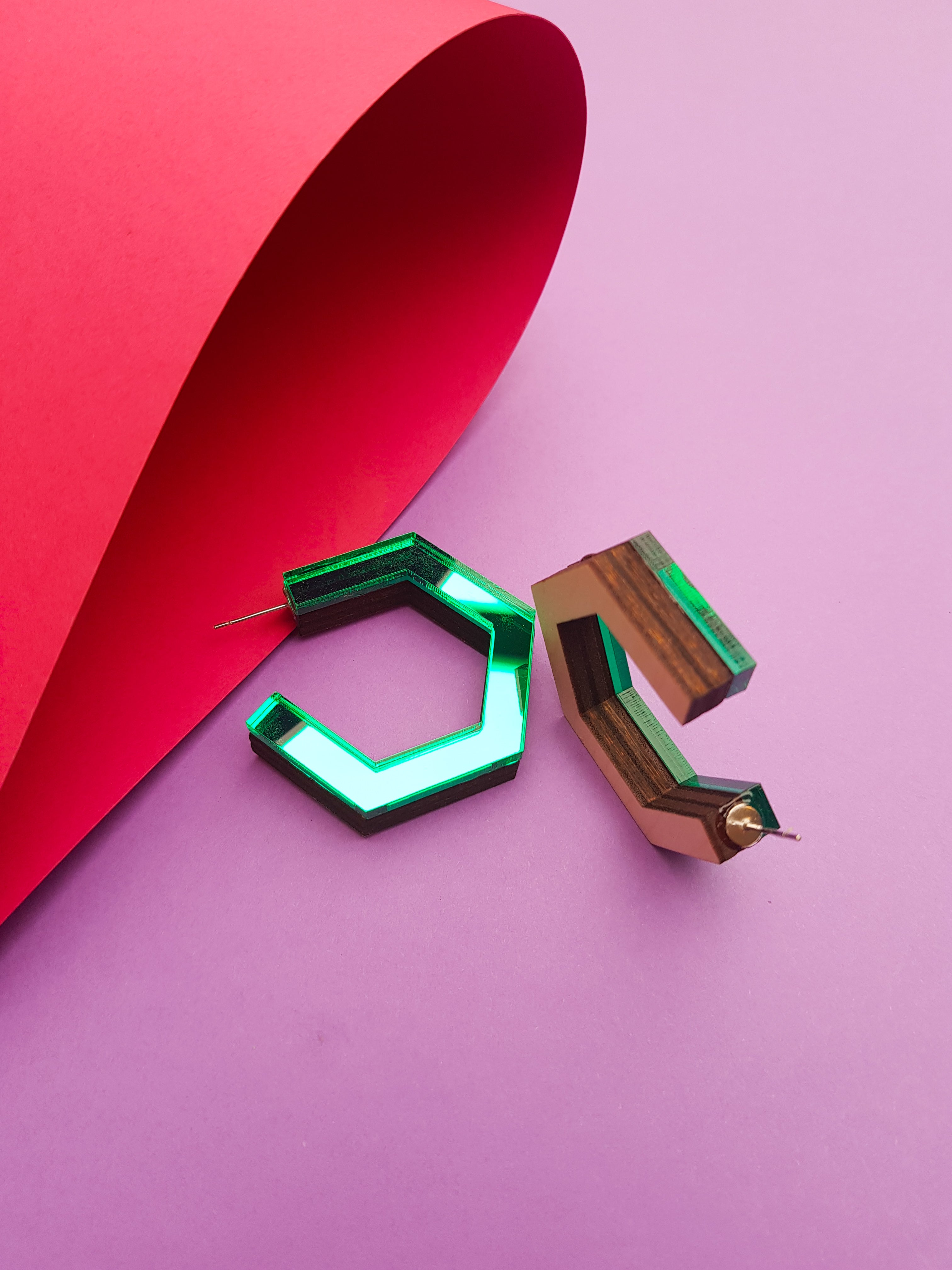 Green hexagonal ply and perspex hoop earrings