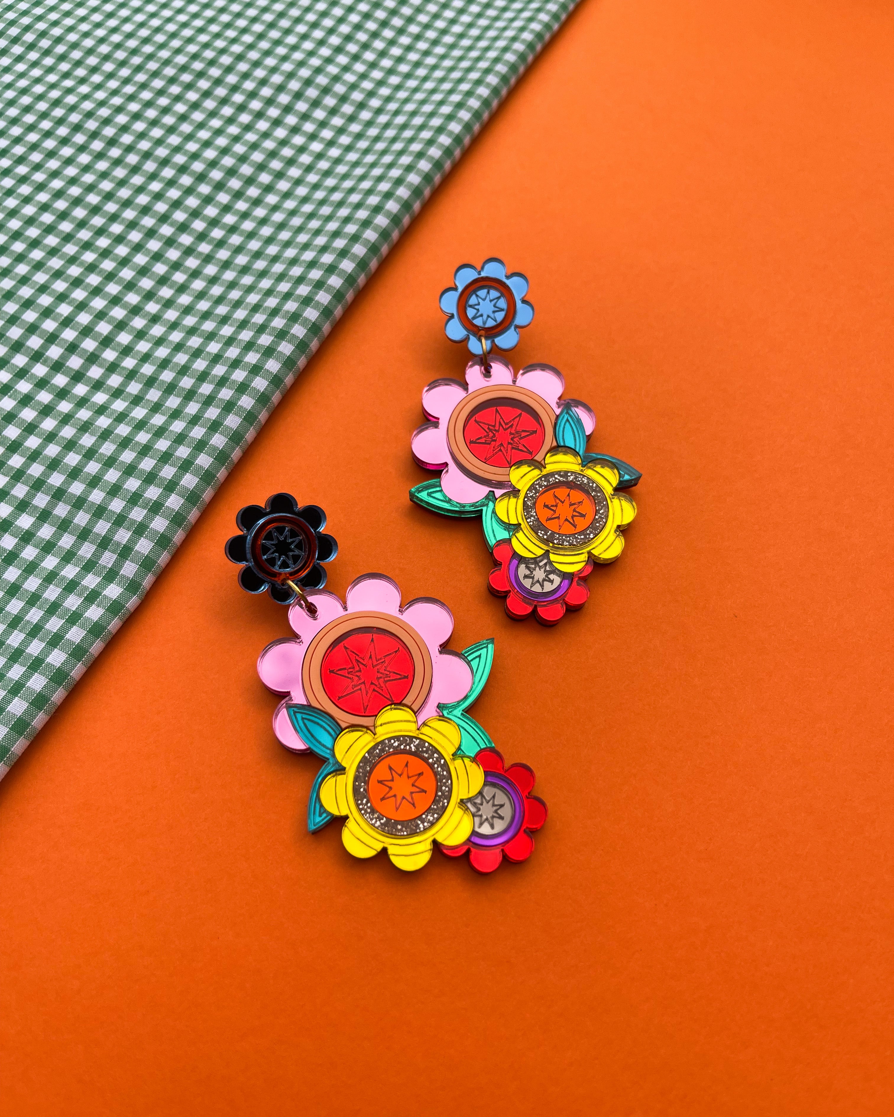 Superstar Folk Flower Statement Earrings, bright